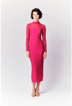 VESTIDO TULE GOLA ALTA FORRO TOMARA QUE CAIA SLIM FRAMBOESA