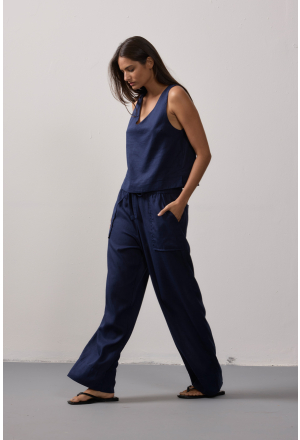 CALÇA RETA BOLSO CAMBRAIA MARINHO