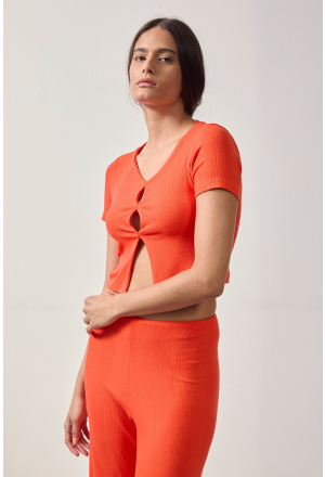 BLUSA CROPPED VAZADA CANELADA LARANJA