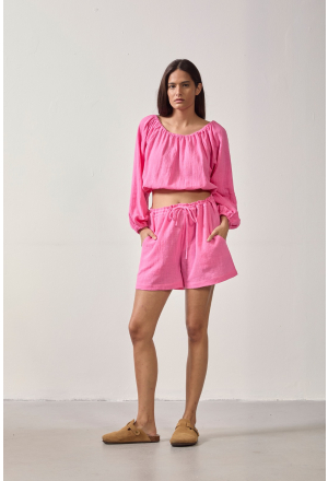 BLUSA CROPPED MANGA BUFANTE FRANZIDA ROSA