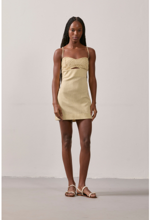 VESTIDO MINI LINHO CROCHET PIPA BEGE