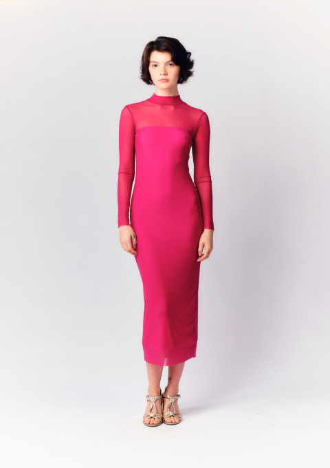 VESTIDO TULE GOLA ALTA FORRO TOMARA QUE CAIA SLIM FRAMBOESA