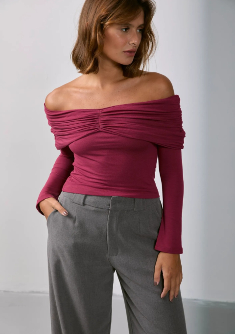 BLUSA OMBRO A OMBRO FRANZIDA VINHO