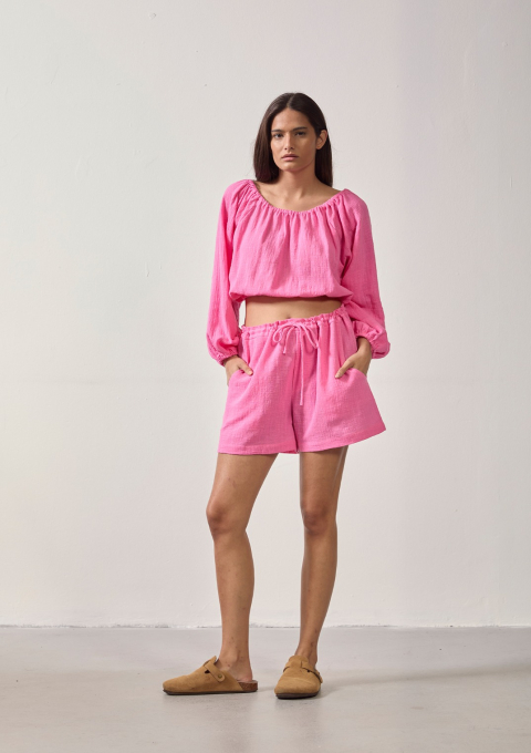 BLUSA CROPPED MANGA BUFANTE FRANZIDA ROSA