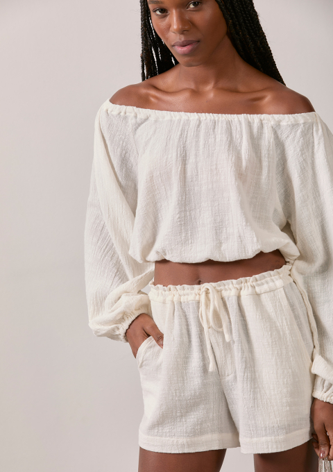 BLUSA CROPPED MANGA BUFANTE FRANZIDA OFFWHITE