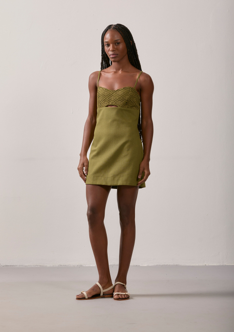 VESTIDO MINI LINHO CROCHET PIPA VERDE