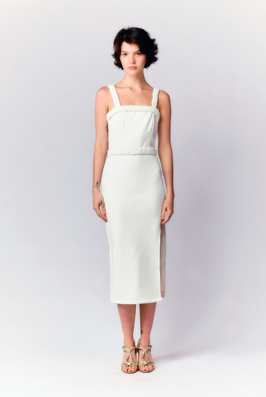 VESTIDO ALÇA TRANÇA DECOTE RETO TRANÇA SAIA FENDA MIDI BRANCO
