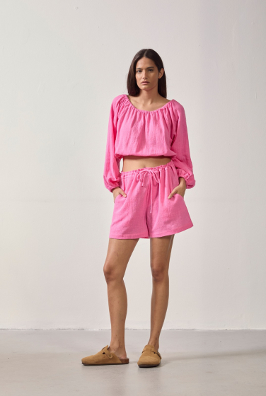 BLUSA CROPPED MANGA BUFANTE FRANZIDA ROSA