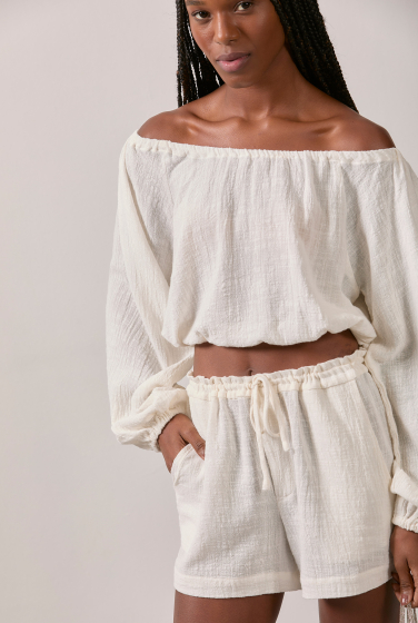 BLUSA CROPPED MANGA BUFANTE FRANZIDA OFFWHITE