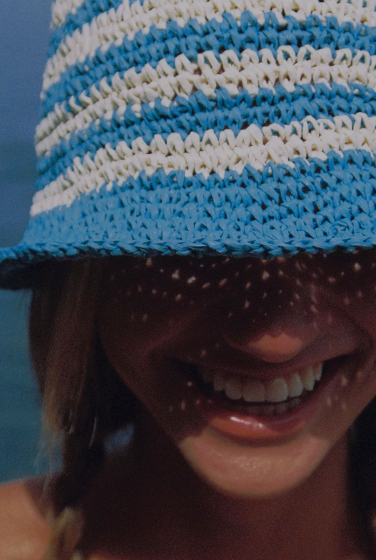 CHAPEU LERU RÁFIA CLASSICO LISTRAS OFFWHITE E TURQUESA